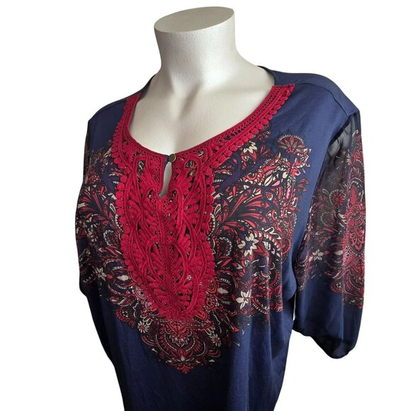 Catherines 3X 26/28W Womens Top Boho Style Keyhole Neckline Navy Red JJ4044 - Picture 6 of 12
